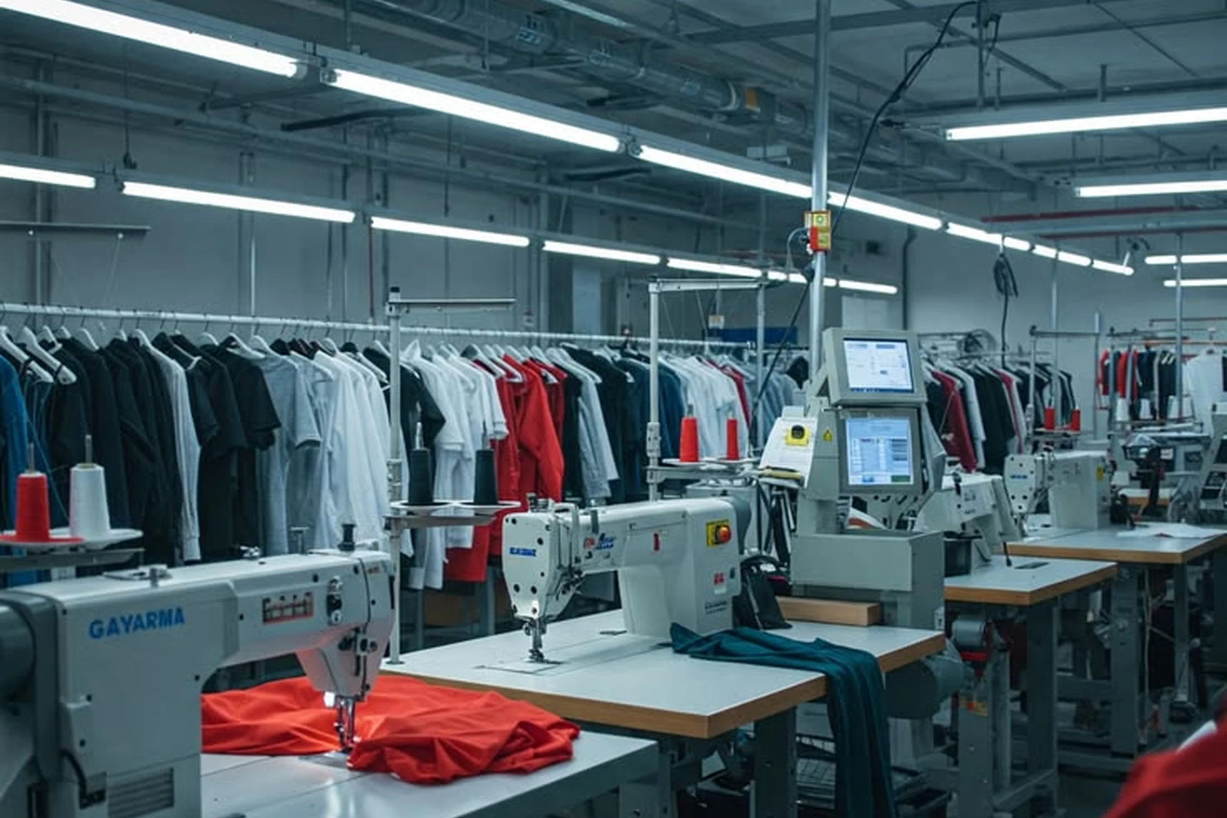 A clean apparel production floor with garment makers at work